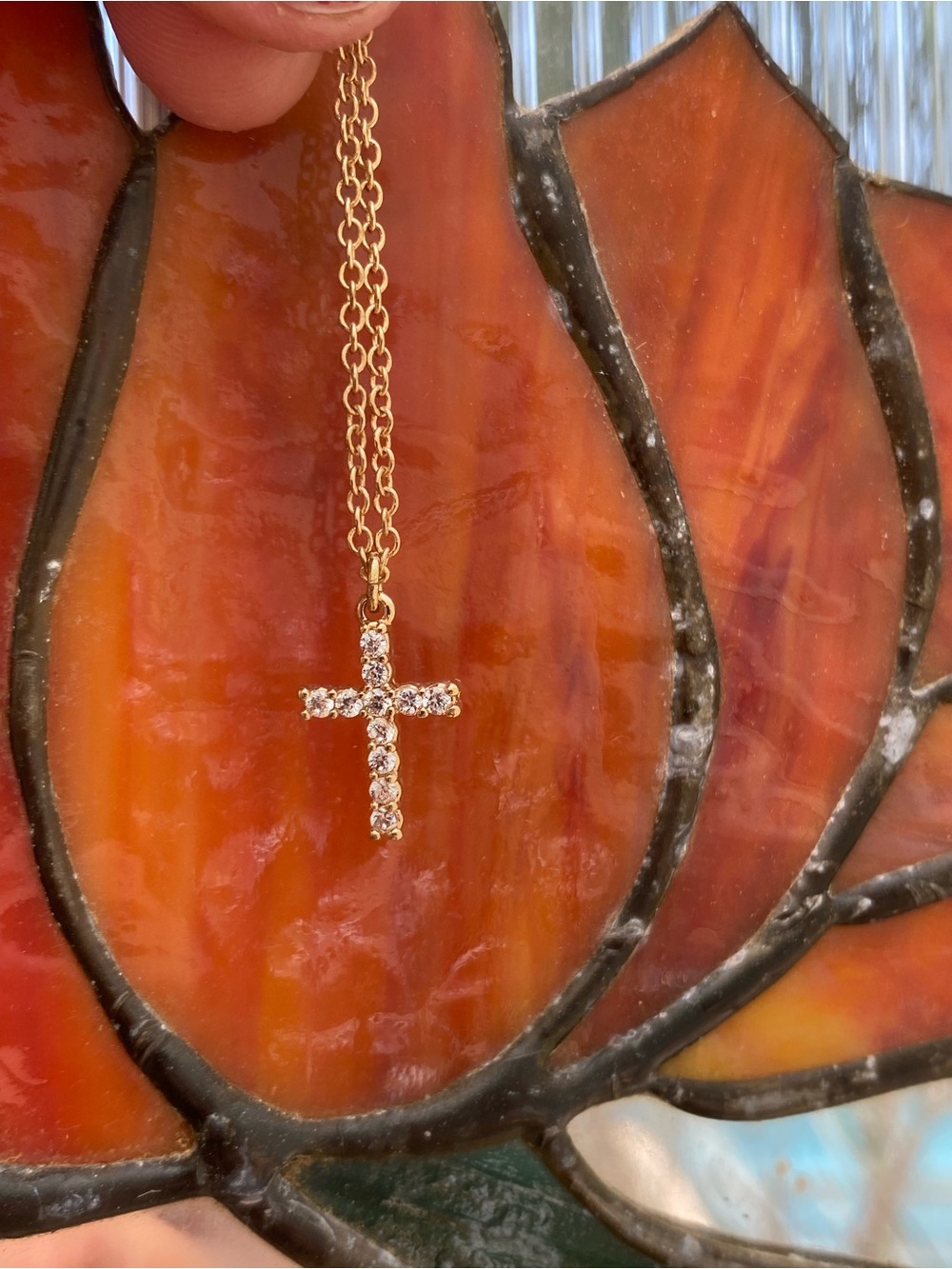 Gold Cross Pendant Necklace with Clear Stones Signed GV9 - Picture 10 of 13